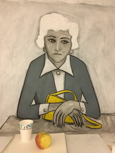 The Waiting Room  charcoal, acrylic on paper - real cup and apple  40 x 50