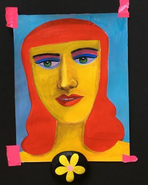 Goddess  acrylic on paper, here with painted rock and duck tape
11x14